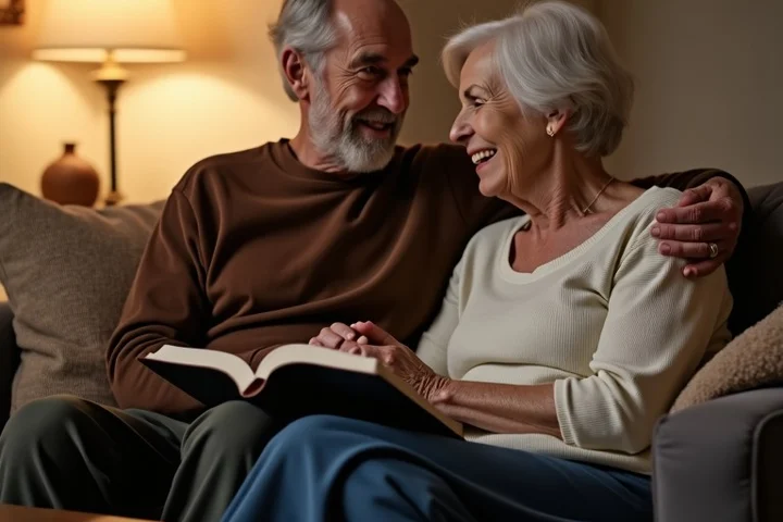 Two older adults sharing a quiet living room routine, one person holding a book while the other gently squeezes their hand