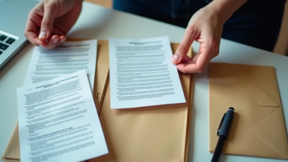A pair of hands sorting blurred chat printouts into a manila folder beside a notebook, pen, and small evidence envelope on a