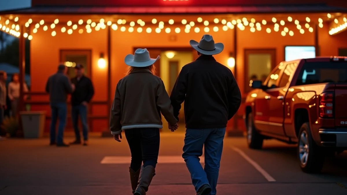Adults over 50 walking into a Texas dance hall for a recurring social night, boots and jackets in motion, a parked pickup